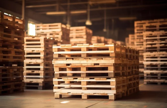 Wooden pallets stacked in warehouse for recycling